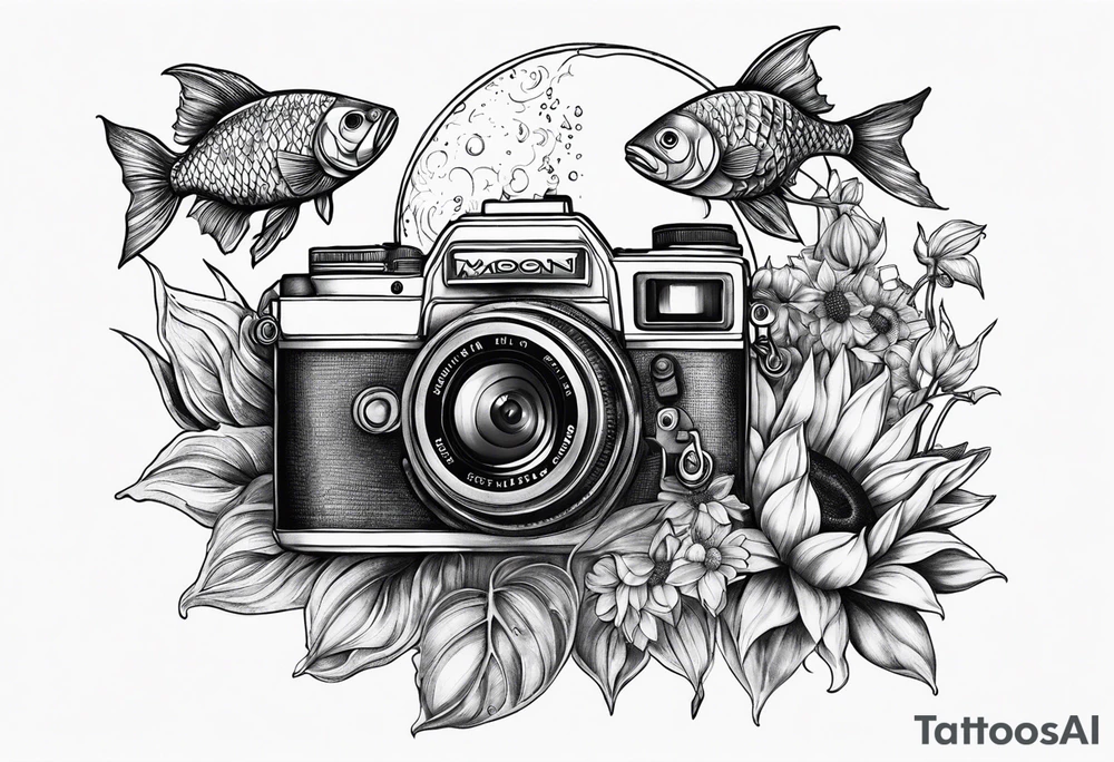 sunflower, camera, fish, moon tattoo idea