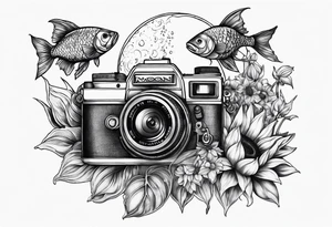 sunflower, camera, fish, moon tattoo idea