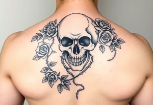 gothic skull intertwined with climbing roses and thorny vines tattoo idea