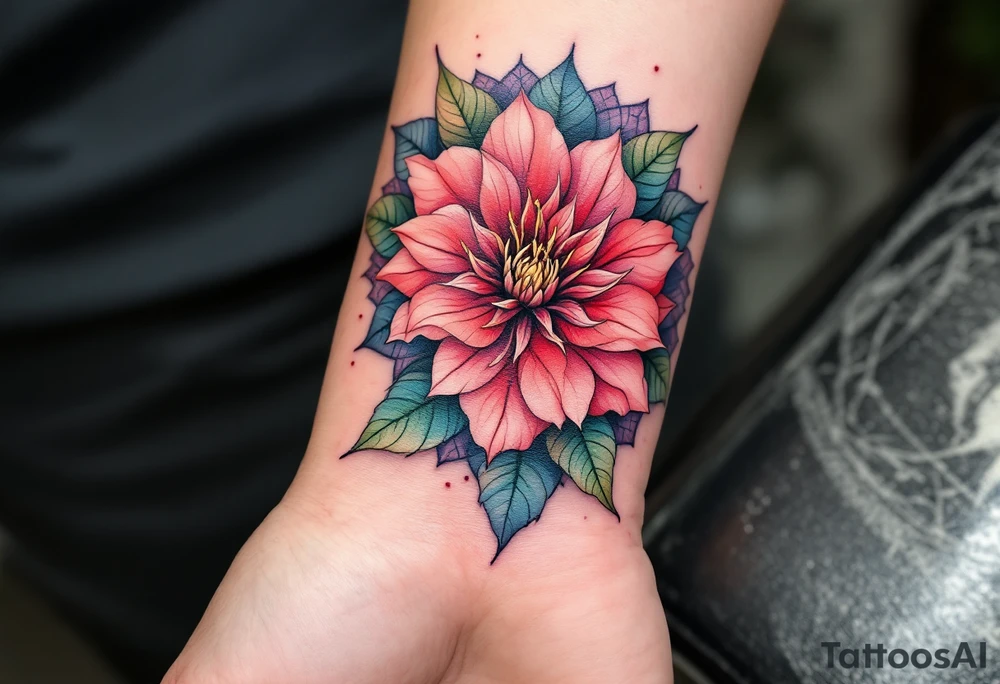 red rhododendron trippy with mandala behind tattoo idea