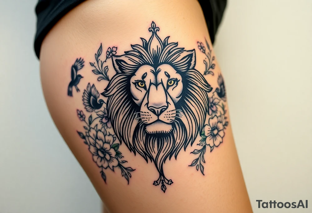 powerful majestic lion with a crown, surrounded by floral ornaments and birds tattoo idea
