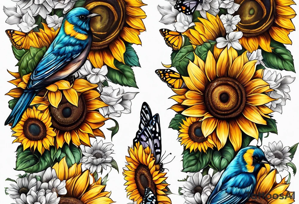 Sleeve with cross, sunflowers and butterflies tattoo idea