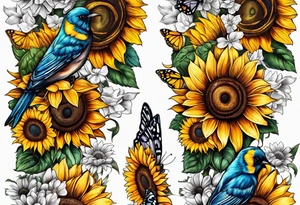 Sleeve with cross, sunflowers and butterflies tattoo idea