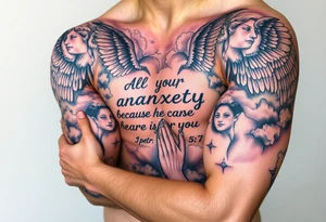 cast all your anxiety on him because he cares for you"  1 peter 5:7 surrounded with clouds and angels and praying hands tattoo idea