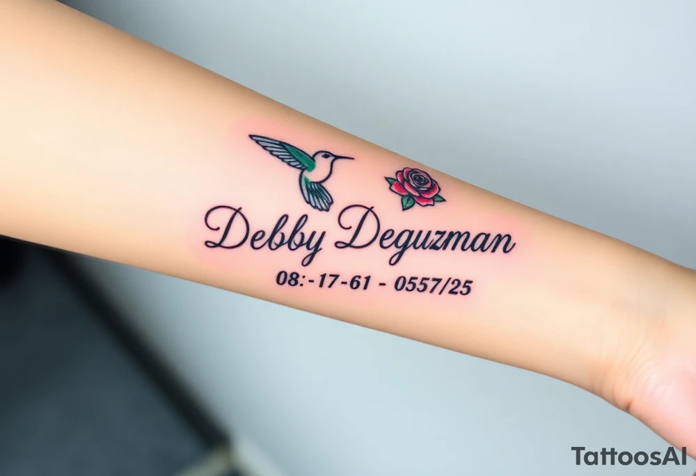 Cursive name Debby Deguzman surrounded by a hummingbird a rose and these dates 08-17-61 to 05-29-25 tattoo idea