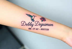 Cursive name Debby Deguzman surrounded by a hummingbird a rose and these dates 08-17-61 to 05-29-25 tattoo idea