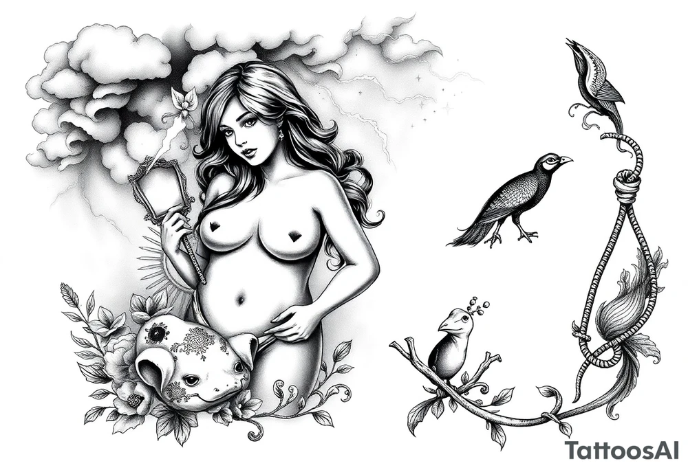 Storm clouds with a overweight naked sexy girl and money and cigerettes  and coins and mirror and  naked couple sex with pig and peacock , frog, lamb and lightening lust gluttony envy greed wrath pride  sloth and noose darkness gothic tattoo idea