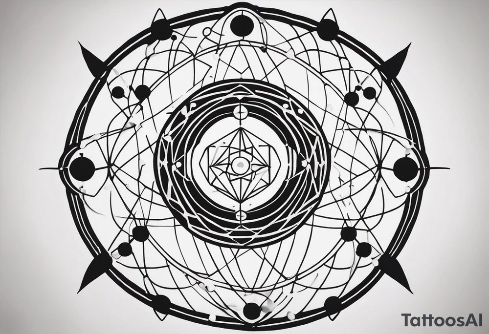 A fine-line tattoo in black ink with geometric and abstract details. The central design features a stylized atom model with the dopamine molecular formula (C8H11NO2) in the center. The electrons orbit around the nucleus, symbolizing movement and energy. The orbits are drawn with soft, slightly imperfect lines, interwoven with geometric elements such as circles, hexagons, and thin arrows. In the background, include small technical symbols inspired by physics and chemistry, such as dots, crosses, dashed lines, and abstract details. At the base, add a subtle representation of hands or delicate gestures that convey scientific or introspective connection, similar to the style of the third tattoo. Ensure the design is balanced and harmonious, with a contemporary and artistic aesthetic. tattoo idea