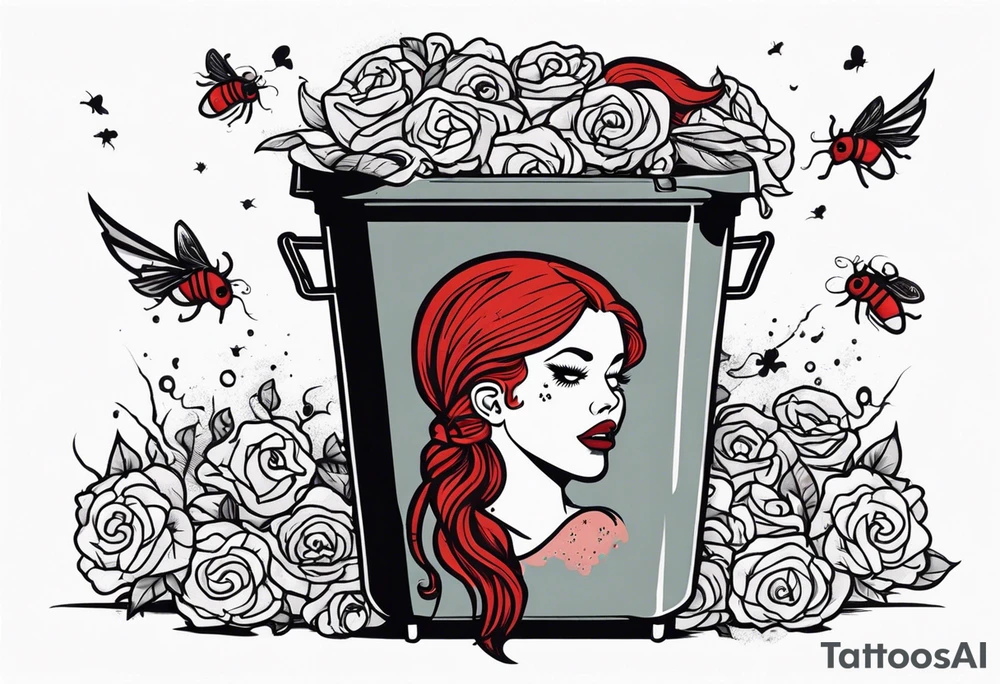 Dead red headed hooker with pigtails stuffed in a trash can with flies buzzing around tattoo idea