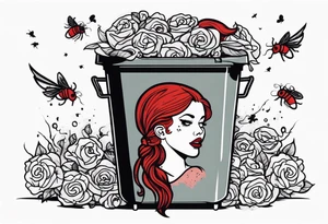 Dead red headed hooker with pigtails stuffed in a trash can with flies buzzing around tattoo idea