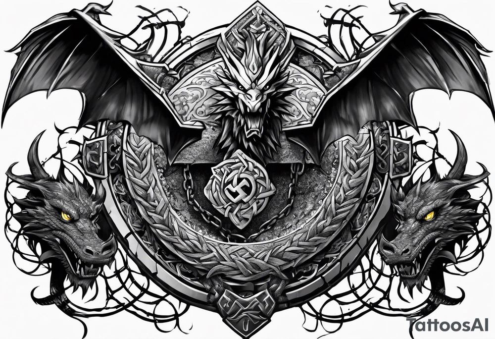 Valhalla sword shield dragon axe Valknut barbed wire chains tattoo idea