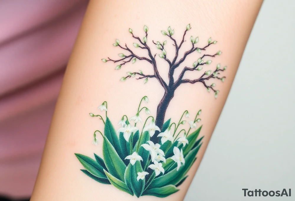 White flowering Lilly of the vally plants on ground underneath a flowering hawthorn tree tattoo idea