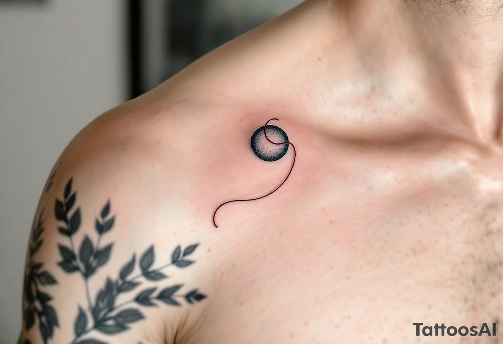 A faint gray circle with a red thread looping around its perimeter, symbolizing destiny. tattoo idea