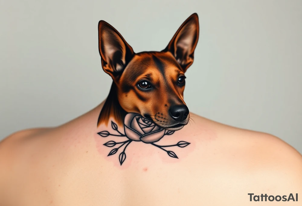 female  hound dog mix Brindle dog with the name kiwi . And a tiny rose around her . With her ears pointy a little big tattoo idea