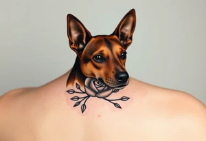 female  hound dog mix Brindle dog with the name kiwi . And a tiny rose around her . With her ears pointy a little big tattoo idea