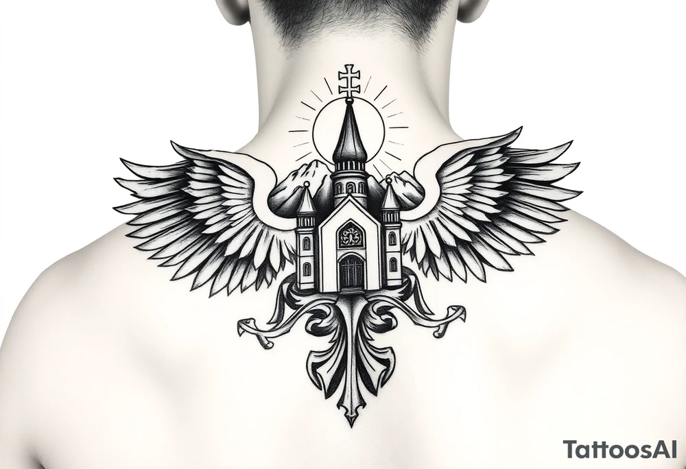 an actual russian coat of arms with both heads visible & wings spanning out on my back neck across on to my shoulders / traps with a orthodox christian church being visible in a mountainous sun beaming setting, with the russian orthodox cross spire of the orthodox church being visible on my neck with a sun beaming in the background that the cross sits inside tattoo idea
