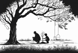 Old man planting a tree. Alongside a young boy playing under a full grown tree. tattoo idea