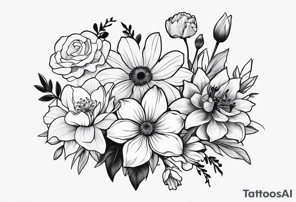small minimalist black and white tattoo of a cute flower bouquet that MUST include 6 DIFFERENT flowers with ONE OF EACH: a carnation, a daffodil, a lily stock, a rose, a cosmos, and a chrysanthemum. tied together with a small bow tattoo idea