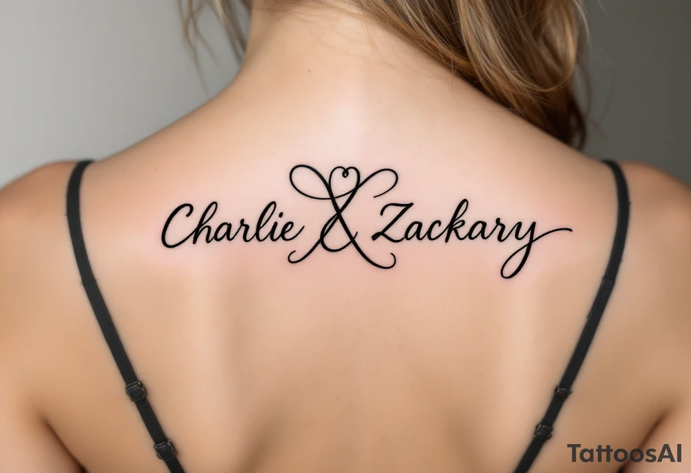 Create a delicate tattoo design that seamlessly integrates the names "Charlie" and "Zackary" in graceful, flowing cursive. Enclose the names within a softly stylized symbol that embodies strength and unity tattoo idea