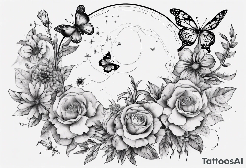 Thigh tattoo with floral and butterflies and moon. Show on thigh tattoo idea