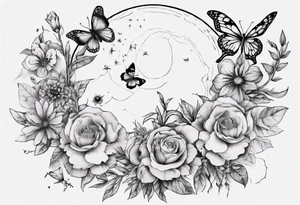 Thigh tattoo with floral and butterflies and moon. Show on thigh tattoo idea