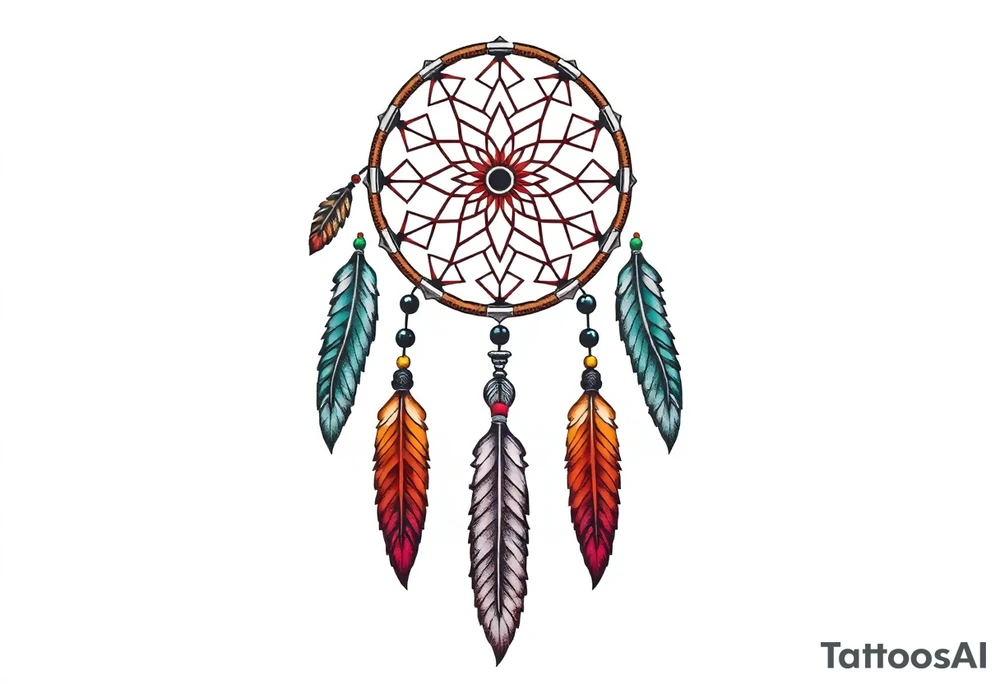 skinny dreamcatcher with feathers and some color tattoo idea