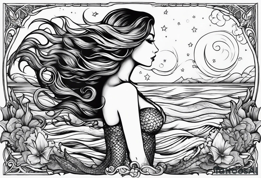 A mermaid looking out into the night sky and ocean horizon tattoo idea