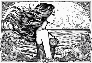 A mermaid looking out into the night sky and ocean horizon tattoo idea