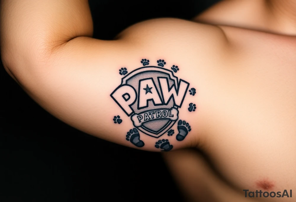 Paw Patrol Badge with footprints chasing letters KMC around the outside staggered tattoo idea