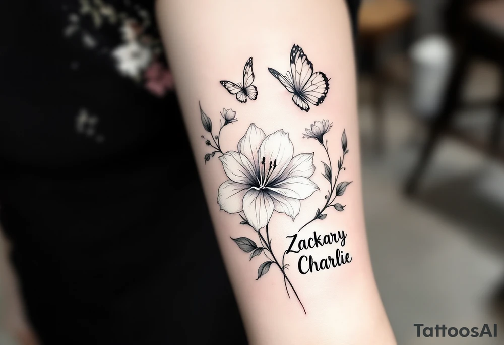 A delicate and highly detailed tattoo design featuring elegant flowers and two butterflies, symbolizing family, love, and the bond between a mother and her children. The flowers, such as lilies or peonies, represent protection, beauty, and unconditional love. Two butterflies gracefully flying around the flowers symbolize the children, Zackary and Charlie, representing their growth and freedom. Their names should be subtly integrated into the design, either along the stems of the flowers, within the butterfly wings, or in an elegant script flowing naturally with the composition. The tattoo should have a soft, flowing aesthetic with fine details, subtle shading, and a harmonious balance between nature and symbolism. The style can be fine line, realistic, or watercolor for a timeless and meaningful look. tattoo idea