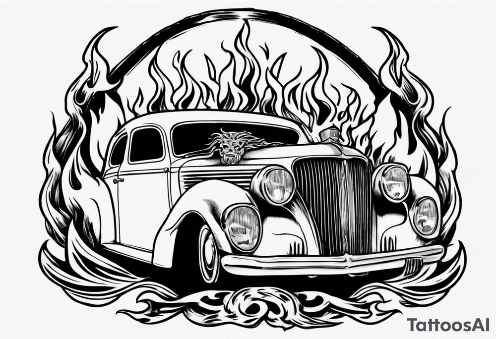 An old vintage car with flames coming out of the hood and a viking head at the top of the flames tattoo idea