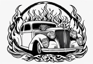 An old vintage car with flames coming out of the hood and a viking head at the top of the flames tattoo idea