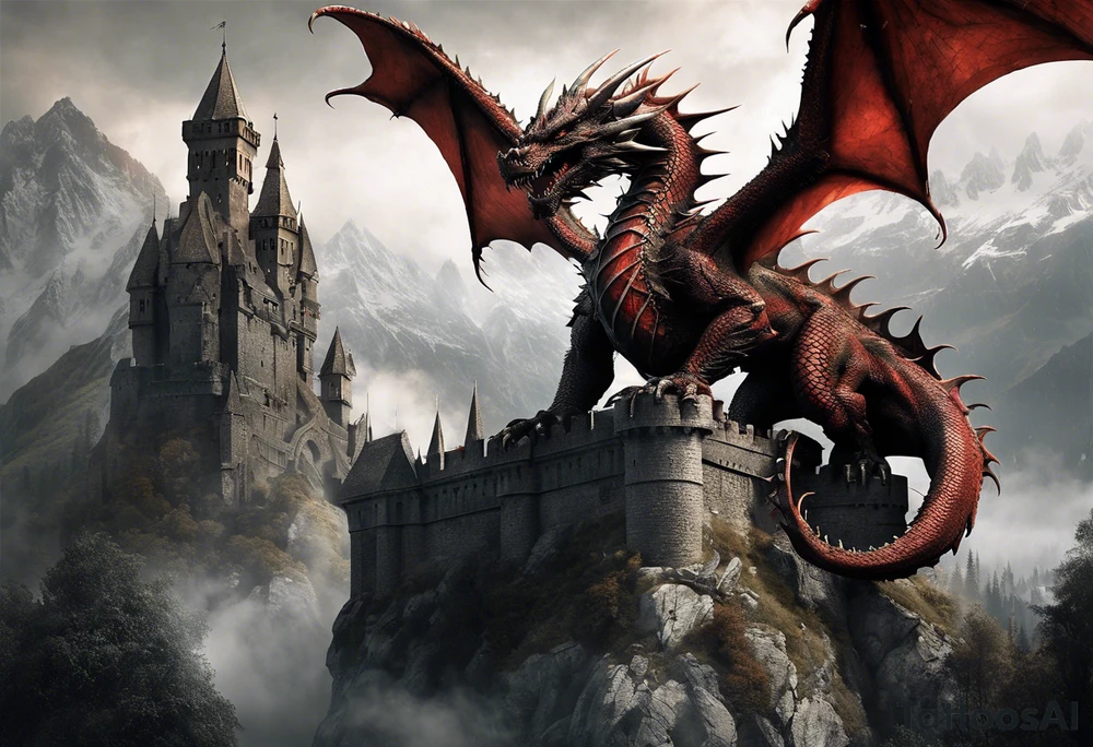 In this striking tattoo concept, three fierce and realistic dragons with distinct characteristics fiercely patrol the highest spires of an ancient castle, guarding it against an irate village of angry villagers wielding torches and makeshift weapons. The castle, adorned with Gothic-inspired architecture, stands as a testament to time and history, with the dragons' intricate scales and wings, ranging from fiery crimson to glacial blue and rugged stone-like textures, rendered in meticulous detail. The contrasting emotions of fury, determination, and desperation are vividly portrayed in the villagers' expressions. This hyper-realistic composition blends medieval fantasy, mythology, and human emotion, promising to be a mesmerizing and awe-inspiring masterpiece etched into your skin tattoo idea