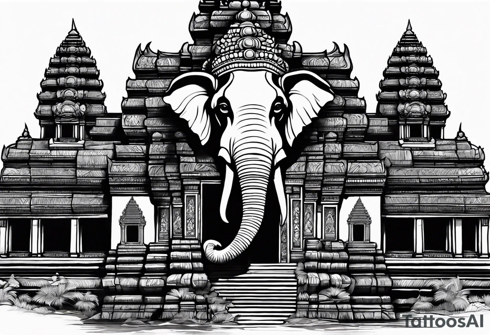 Cambodian, Angkor Wat temple. With 3 headed elephant laos. tattoo idea