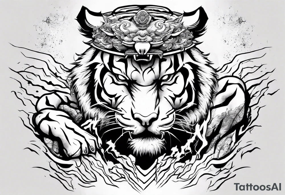 Tiger warrior with lightning and the sun for a forearm sleeve tattoo idea