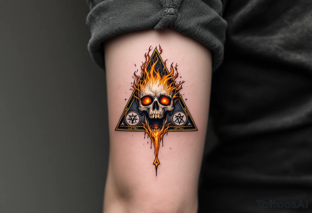 Flaming skull inside triangle – A fiery skull screaming inside an inverted triangle with esoteric symbols, in black, orange, and molten gold. tattoo idea