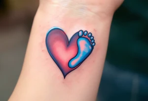 A red heart cradling a tiny blue baby footprint symbolizes eternal maternal love and protection. tattoo idea