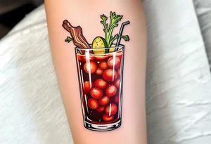 Bloody Mary Brunch – A tall glass with deep red tomato juice, celery stalk, pickle, and bacon strip garnish. All drawn in high color saturation and bold outlines. tattoo idea