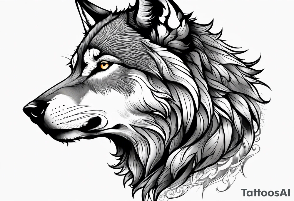 right side profile of a wolf face tattoo idea