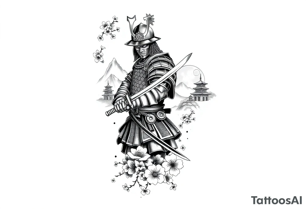 Design an all-black full arm sleeve tattoo featuring a Japanese samurai in full armor with a katana, positioned dynamically. Surrounding the samurai are flowing cherry blossoms, a misty mountain range, and traditional Japanese structures like a pagoda. On the inner forearm, include a detailed Oni mask with sharp features and exaggerated shading. Use dark, dense black ink to create depth, with smooth transitions between the elements, blending the samurai, blossoms, mask, and mountains into a cohesive, flowing design tattoo idea