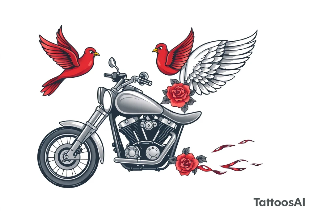 Harley grey motorcycle driving away, two red birds flying, roses, flames, angel wings tattoo idea