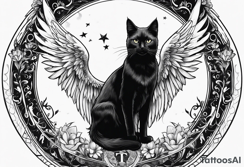 black cat with angel halo tattoo idea