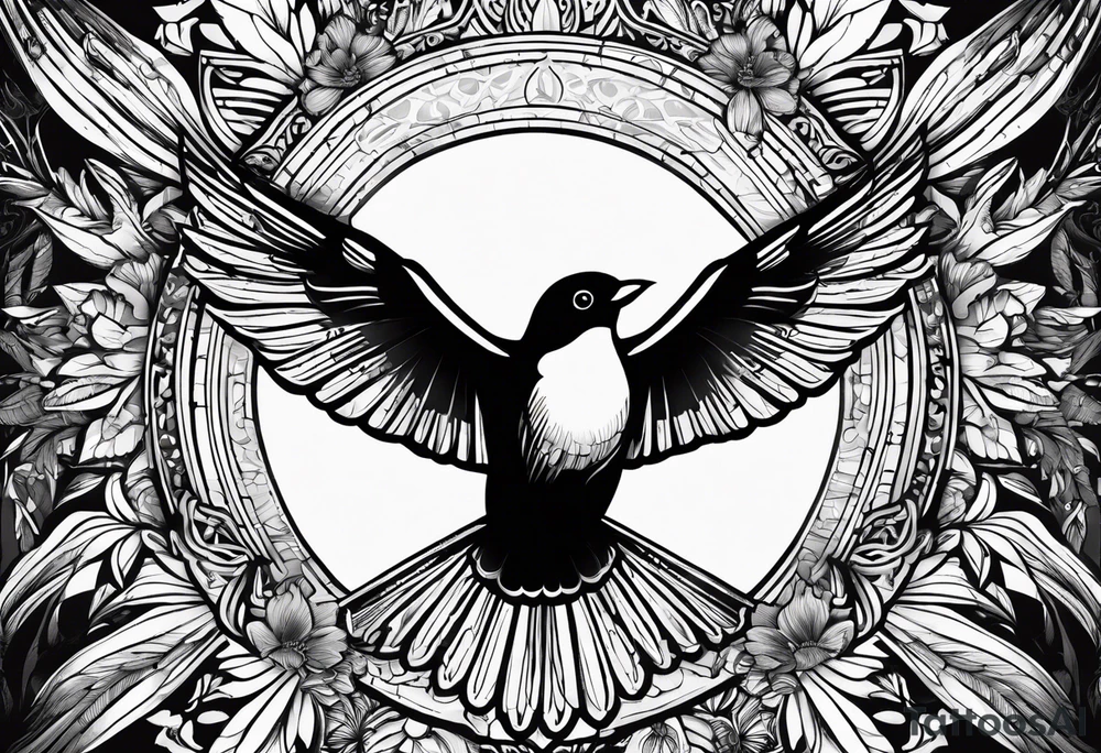 AUM symbol, one flying 
sparrow, sunrays, staircase, cosmos, iris, daisy tattoo idea