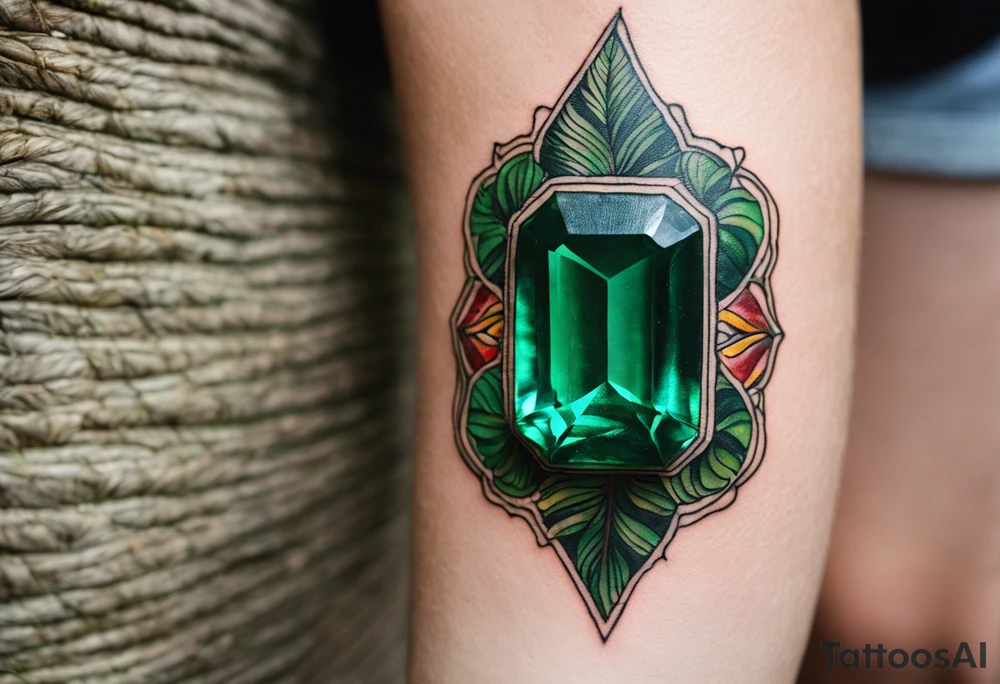 Tattoo: A striking Gachala emerald sits at the base of a tall quindio wax palm, which grows resiliently from cracks in rugged, rocky soil. The emerald is the main focal point, symbolizing strength and endurance, while the wax palm, rooted in the soil’s crevices, represents growth and resilience. A small water stream flows gently from the rocks, adding an element of life and nourishment. Style: Anime. tattoo idea