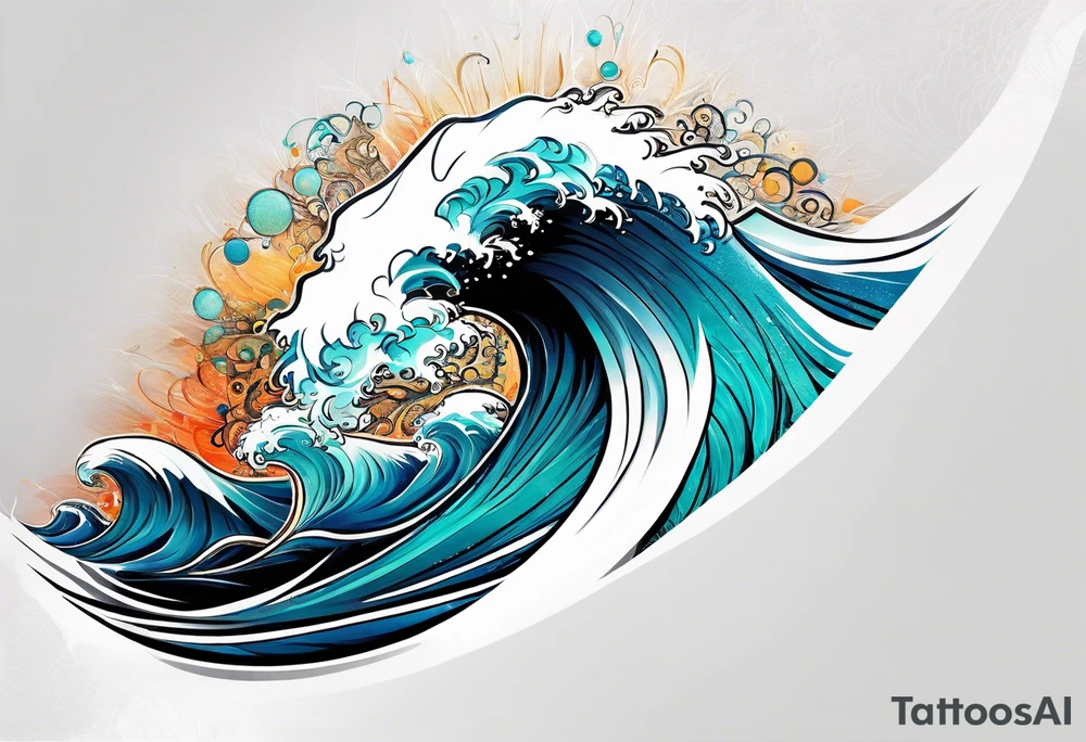 waves;  
"come what may" written underneath; outside forearm not an oval tattoo idea