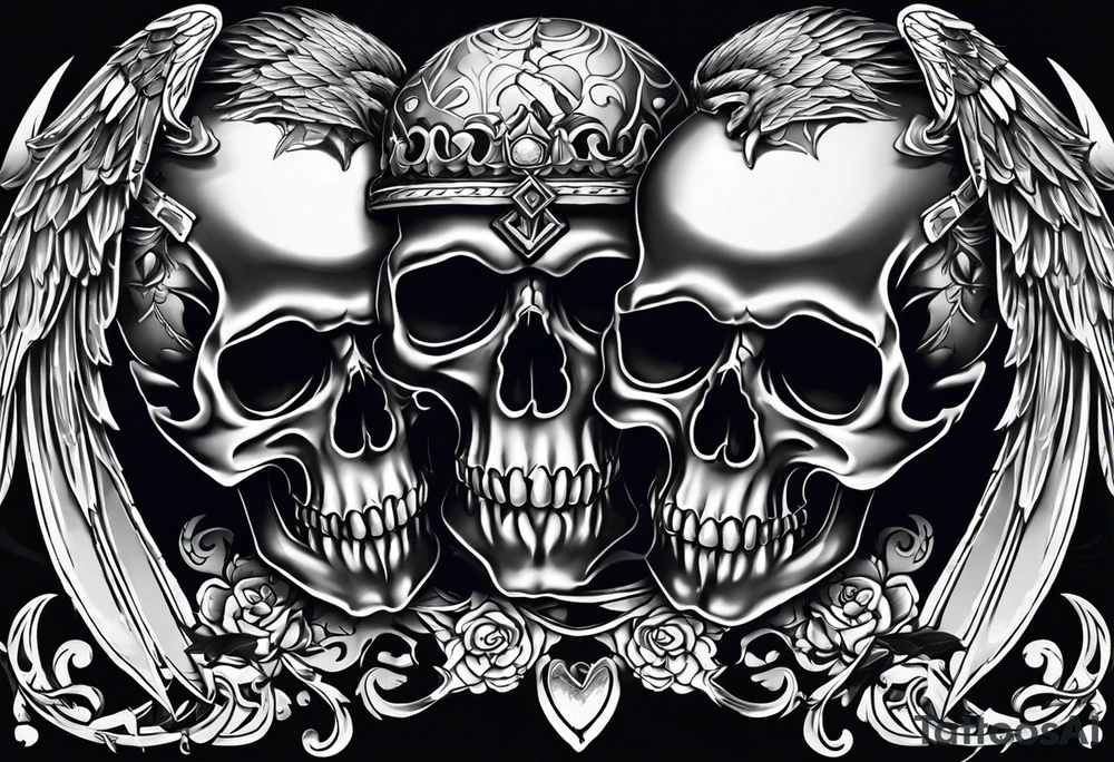 See no evil hear no evil speak no evil  skulls go down the back with angel wings wrapped around the skulls tattoo idea