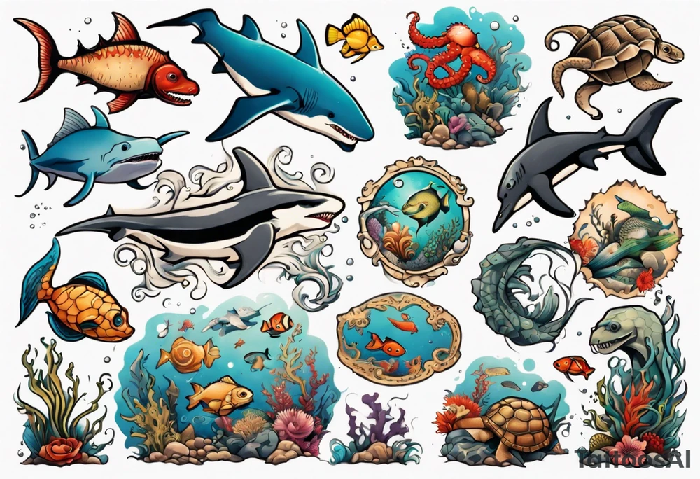 An arm sleeve of an aquatic scene of sea animals, including a hammerhead shark, a turtle, an octopus, a seahorse, and colorful fish tattoo idea