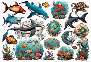 An arm sleeve of an aquatic scene of sea animals, including a hammerhead shark, a turtle, an octopus, a seahorse, and colorful fish tattoo idea