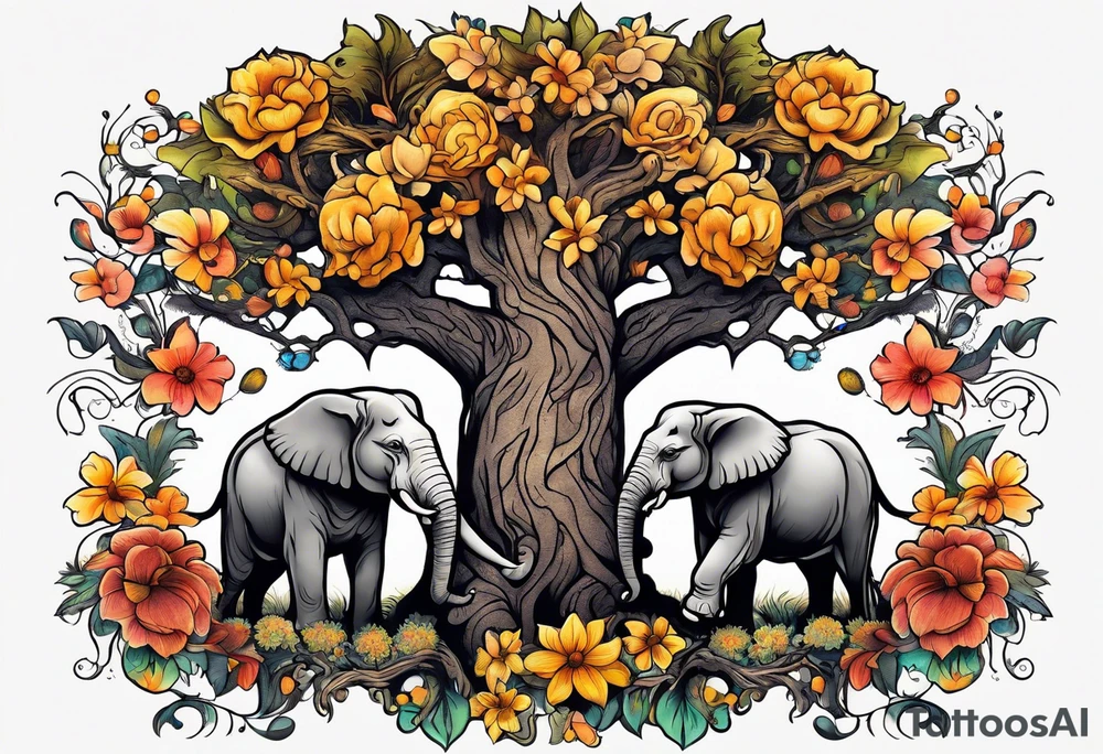 Two lions a elephant and a oak tree and flowers tattoo idea
