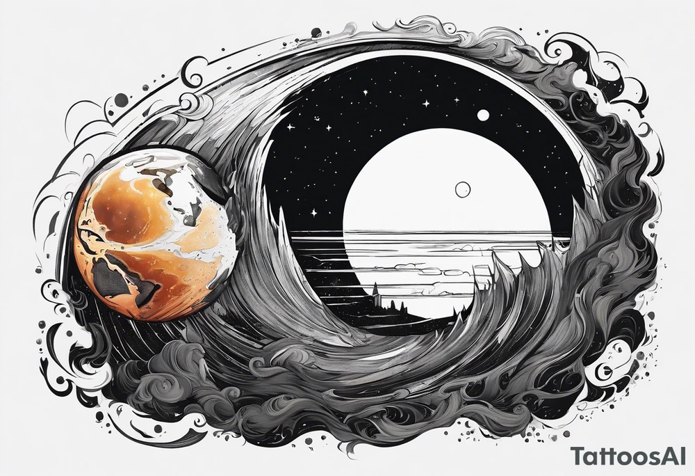 Large black hole swallowing earth. Earth is stretched and deformed as it enters the hole tattoo idea